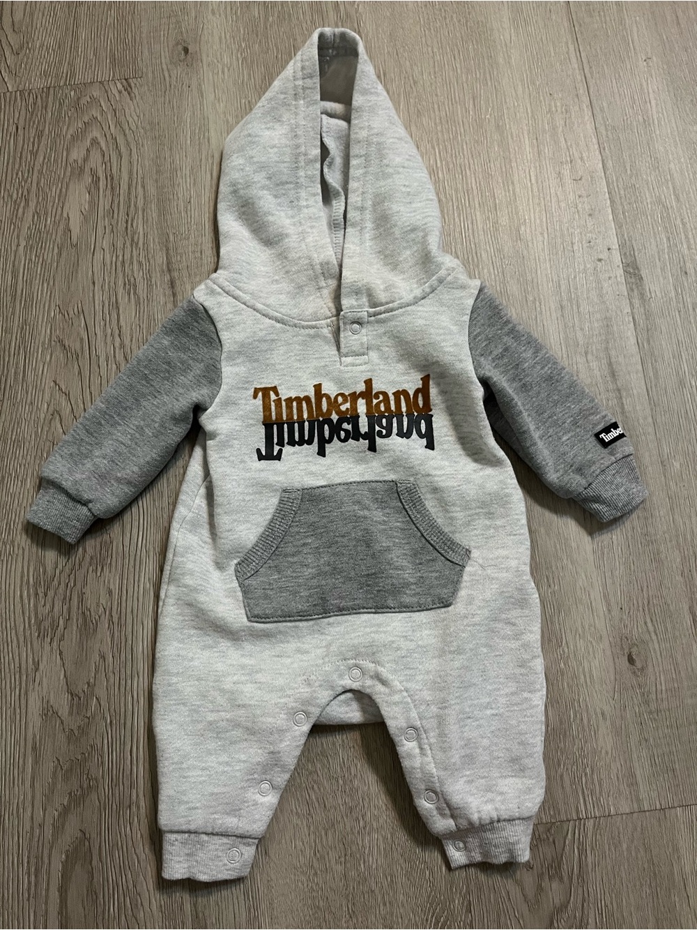 Timberland Grey Two-Tone Hooded Baby One-Piece with Logo